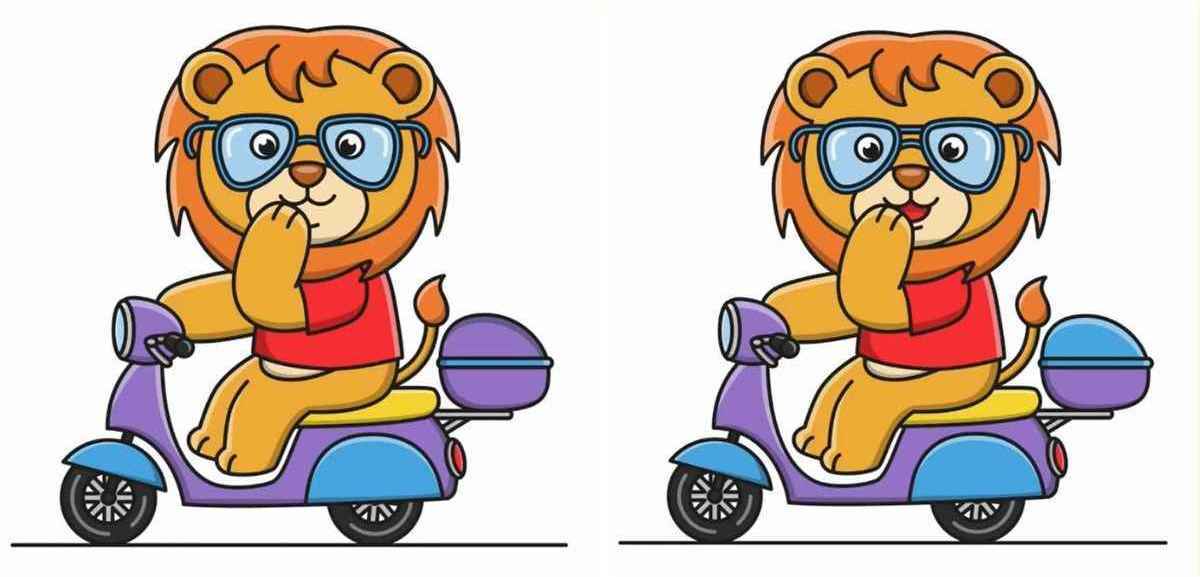 Find 3 differences between the pictures of a lion on a scooter